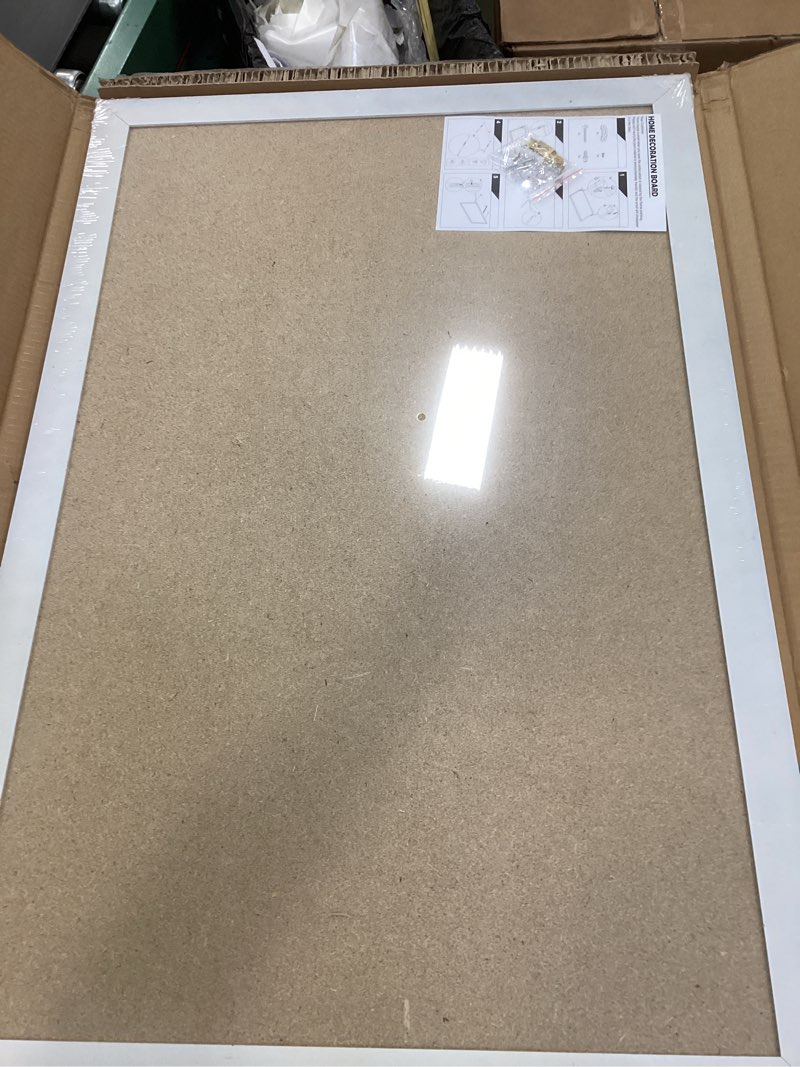 Condition photo showing New/Like New for DOLLAR BOSS White Cork Board for Wall - 36 X 24 Inches, Rustic Wooden Frame Bulletin Board, Decorative Hanging Pin Board for Office & Home Decor White 36''X 24‘’