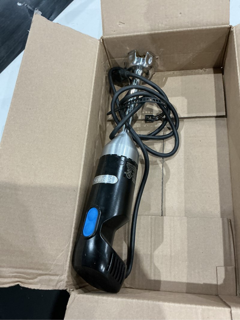 Condition photo showing As Is for waring commercial quik stix light duty stick immersion hand held blender, 7" fixed sealed shaft, steel blade, 2 speed, professional restaurant foodservice grade, 3 gallon, 120v 100w, wsb35, black wsb35 7" shaft | 3 gallon capacity