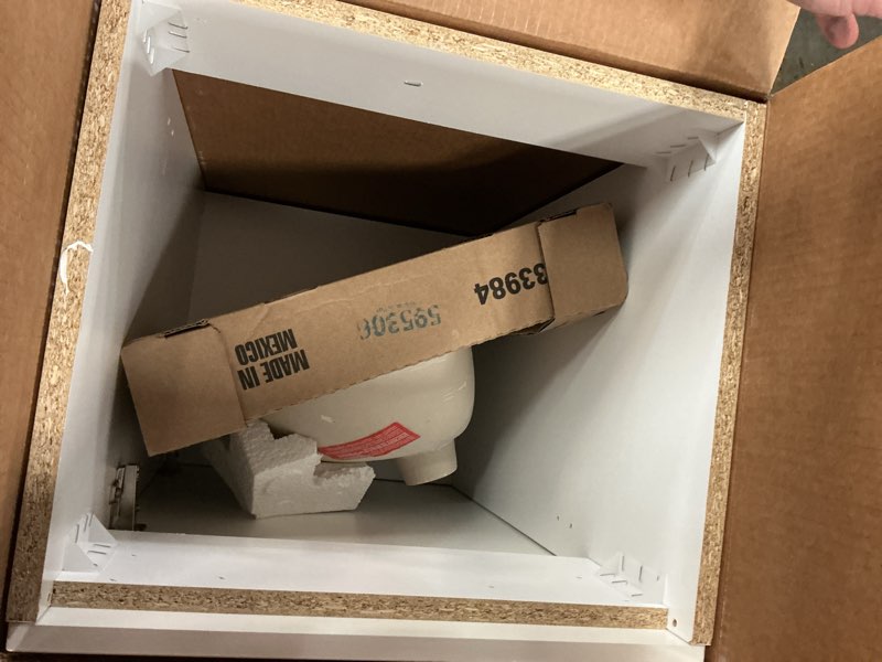 Condition photo showing As Is for project source 18-in white single sink bathroom vanity with white cultured marble top