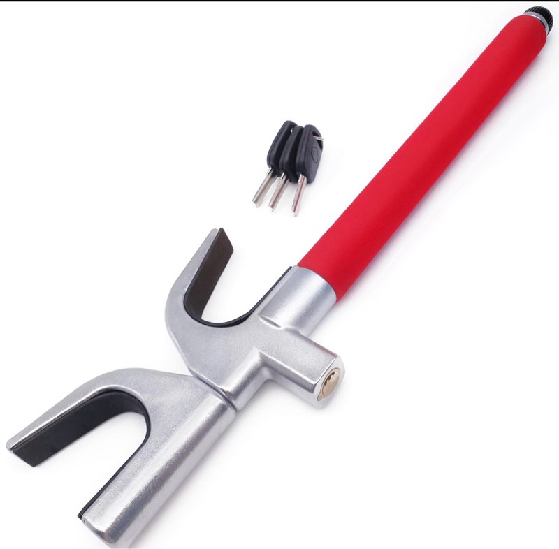 radikal rk1002 upgraded steering wheel lock, stronger, non-damaging, easy and quick adjust, emergency hammer, universal twin hooks anti theft car lock bar for vehicle car, truck, van camper golf cart