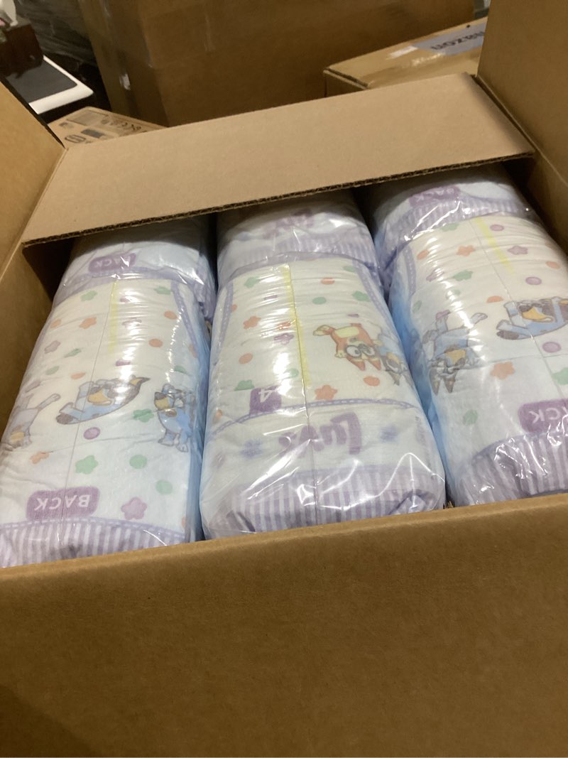 Condition photo showing Good Condition for luvs size 4 baby diapers, platinum protection bluey diapers for day & night, size 4, 198 count (packaging may vary) size 4 198