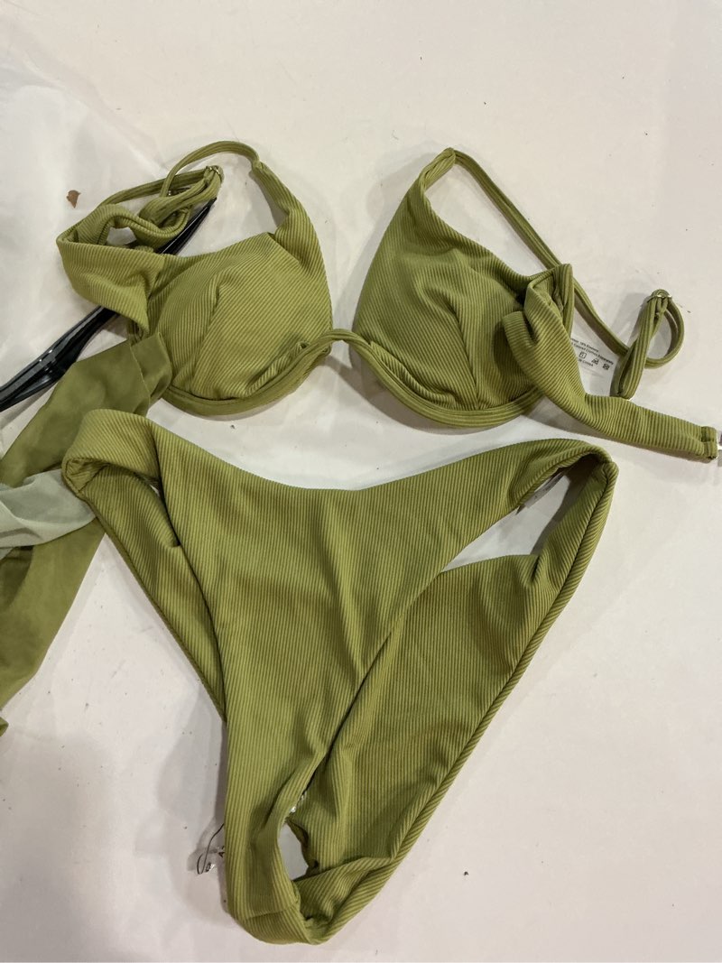Condition photo showing Good Condition for ( size l ) oyoangle women's 3 piece ribbed bikini set underwire triangle swimsuit | cheeky bathing suit with cover up, skirt bikini and cover up set, bandeau bikini skirt set large olive green