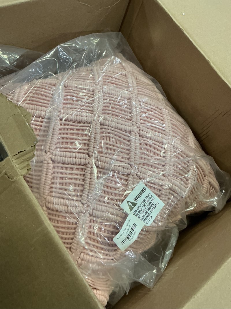 Condition photo showing New/Like New for SARO LIFESTYLE Collection Macramé Throw Pillow with Down Filling, 18", Rose (5148.RS18S) Rose 18"
