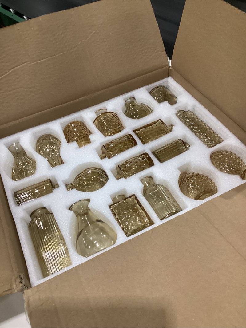 Condition photo showing Good Condition for amber glass bud vases set of 36, mini flower vase for centerpieces, small gold bud vases in bulk for wedding decorations, vintage vase for table, recepetion, home décor standard-gold amber 36pcs