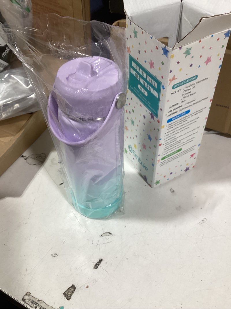 Condition photo showing New/Like New for similar product  purplefimibuke kids insulated water bottle - 18oz bpa-free 18/8 stainless steel kid cup with straw travel tumbler leak proof double wall vacuum toddler water bottle for school boy girl (1 pack,cotton candy) 1 b22. cotton candy