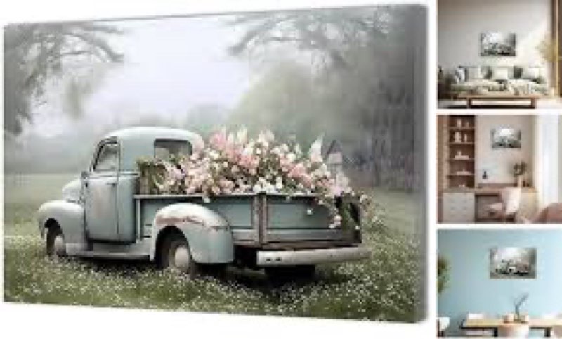 QIXIANG Farmhouse Truck Canvas Wall Art Old Car and Pink Flower Picture Prints for Bedroom Home Living Room Decor with Framed (16.00" x 24.00", Truck)