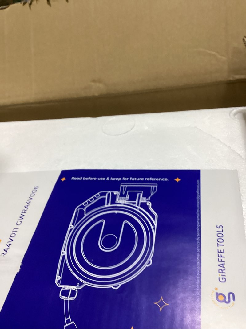 Condition photo showing New/Like New for giraffe tools heavy duty retractable garden hose reel 1/2 130 ft, wall mounted with 9 pattern nozzle & detachable leader hose, 180° swivel bracket, any length lock, commercial grade (light grey) light grey 1/2 130ft