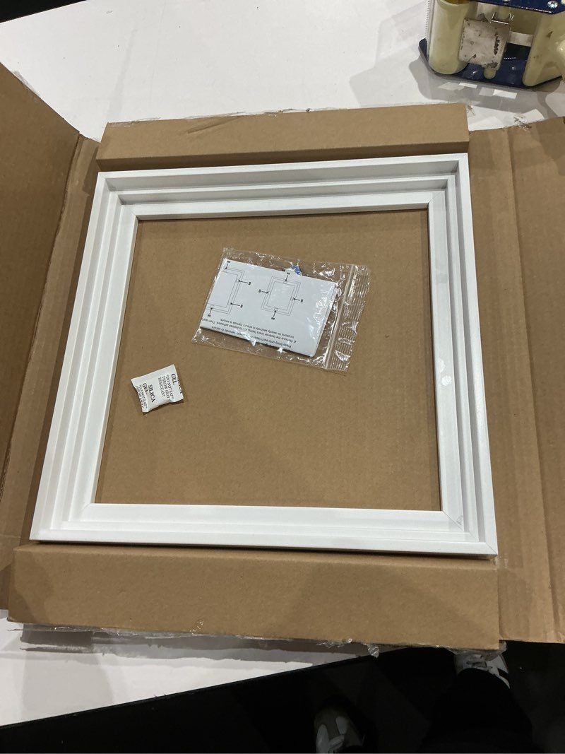 Condition photo showing Good Condition for mcs floating canvas frame, art frames for canvas paintings with adhesive fasteners and hanging hardware, 12 x 12 inch white finish