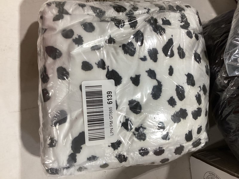 Condition photo showing New/Like New for throw blanket, luxury cozy fleece blanket, warm super soft comfort caring 50" x 60", nadia black and white animal print dalmatian spot dots