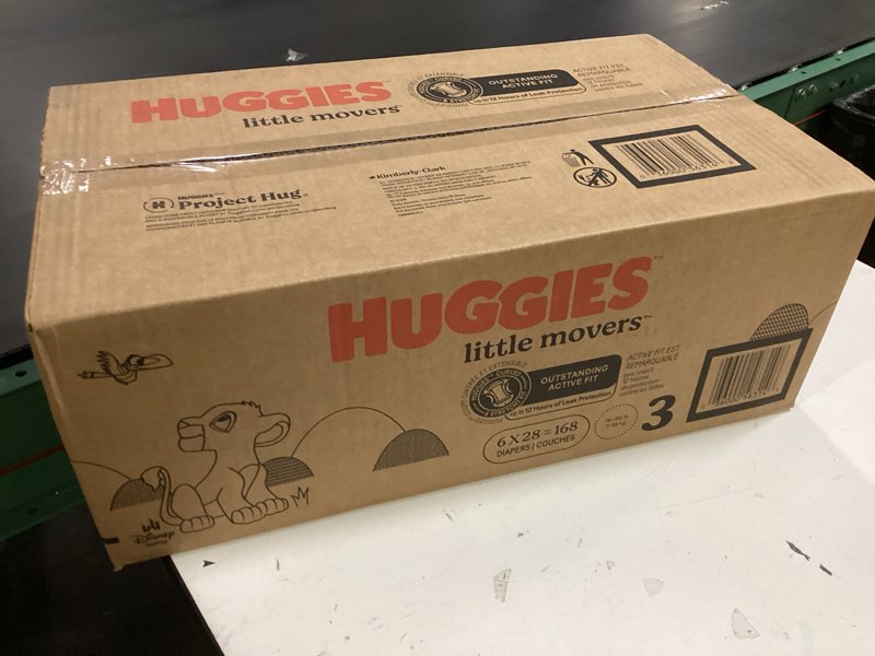 Condition photo showing New/Like New for huggies size 3 diapers, little movers baby diapers, size 3 (16-28 lbs), 168 count (6 packs of 28), packaging may vary size 3 168