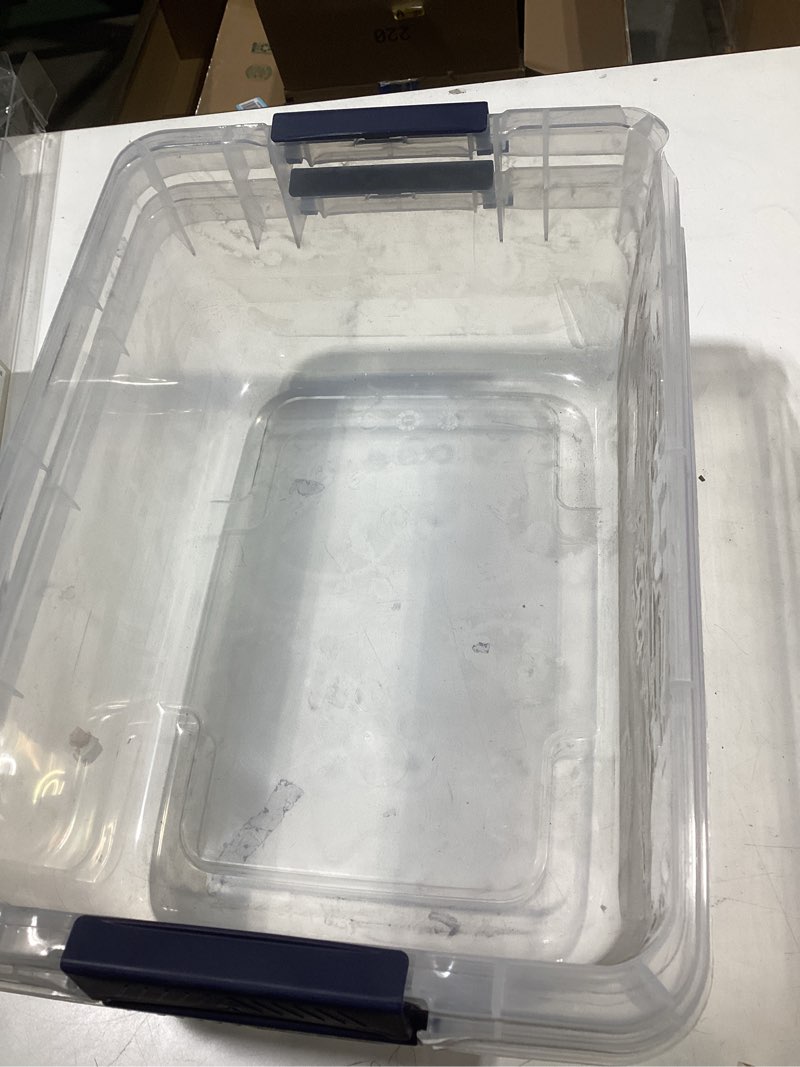 Condition photo showing As Is for Project Source Small 3.75 -Gallons ( 15 -Quarts ) Clear/White Stackable Tote with Latching Lid