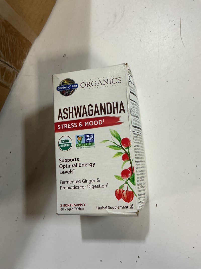 Condition photo showing New/Like New for ( BB/03/2026) Garden of Life Organic Ashwagandha Supplement with Probiotics & Ginger - Stress, Mood & Energy Support, Vegan, Gluten Free, Non GMO, 2 Month Supply, 60 Tablets