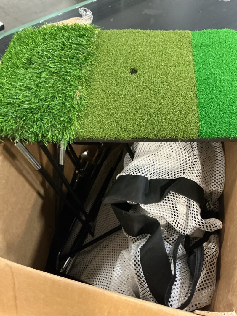 Condition photo showing As Is for golf net, 10x7ft with golf practice mat, hitting aid nets for backyard driving chipping training swing with targets outdoor or indoor– gifts for men/dad/him 10*10ft