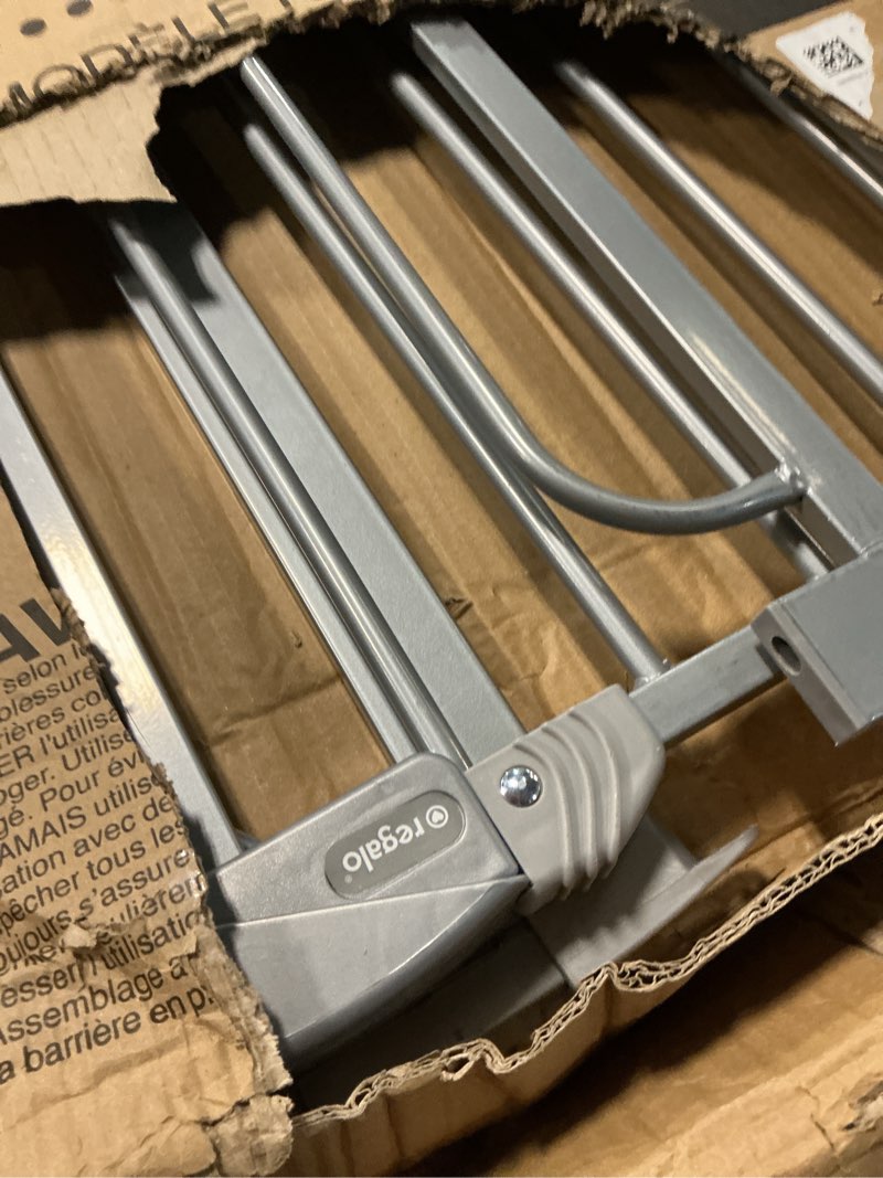 Condition photo showing Good Condition for regalo safety 36” extra tall baby gate for doorways & bottom of stairs, pressure mount safety gate for babies, toddlers & pets, tested & safe for 30 years, american designed, american owned, platinum platinum 29-36.5"w x 36"h