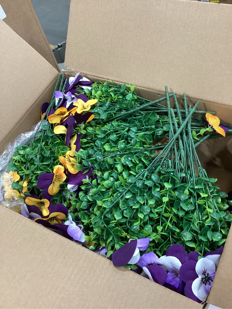 Condition photo showing New/Like New for 2 set artificial outdoor pansy flowers with hanging baskets, 2 hanging baskets with 24 pcs silk flowers for spring easter decorations porch patio home decor (2, purple, yellow, white, light purple) purple, yellow, white, light purple 2