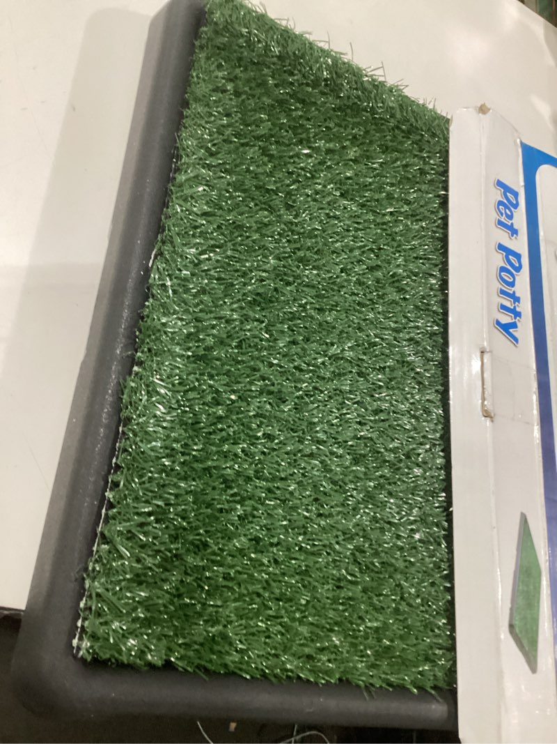 Condition photo showing As Is for artificial grass puppy pad with tray 16x20 inch | reusable indoor & outdoor dog potty training mat system | washable fake grass pet housebreaking pad for puppies & small to medium dogs by petmaker small 3-layer system, similar to stock photo