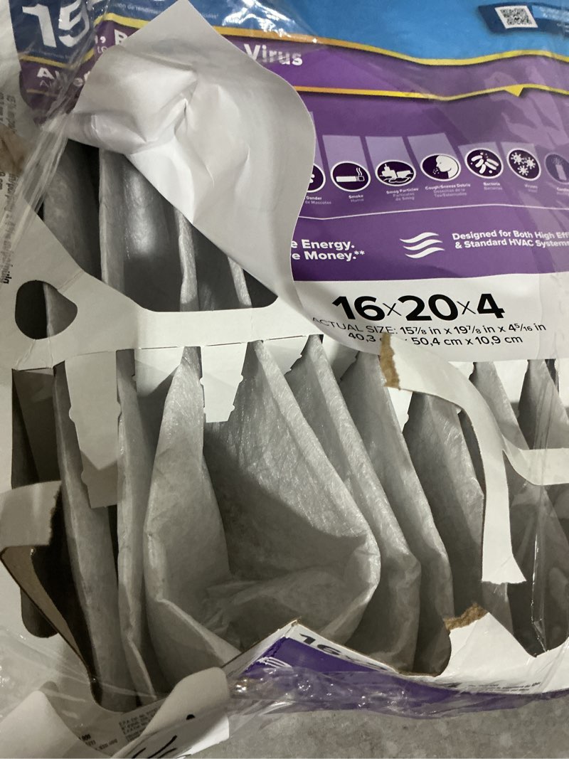 Condition photo showing As Is for filtrete 16-in w x 20-in l x 4-in merv 12 1550 mpr allergen, bacteria and virus electrostatic pleated air filter