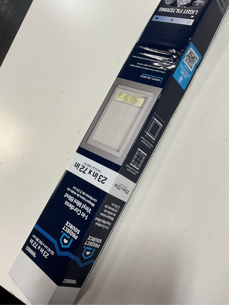 Condition photo showing As Is for project source light filtering 1-in slat width 23-in x 72-in cordless white vinyl light filtering mini-blinds