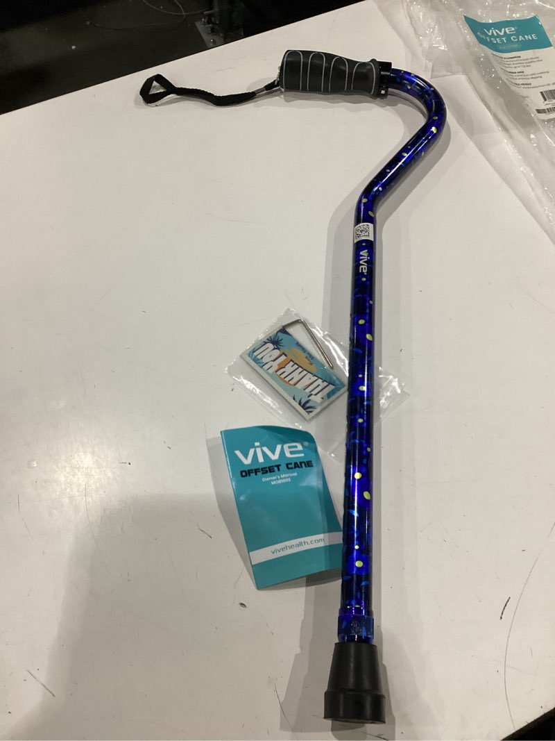 Condition photo showing New/Like New for vive walking cane for women, men, elderly - patented offset grip - lightweight adjustable walking aid with a non-slip tip - sturdy balancing mobility aid for seniors blue floral