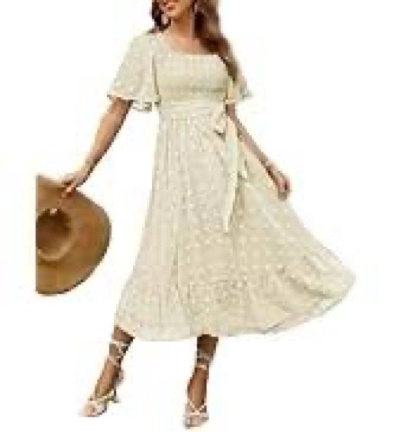 Amegoya Women's Summer Boho Wedding Guest Midi Dress Casual Short Sleeve Square Neck Swiss Dot Smock