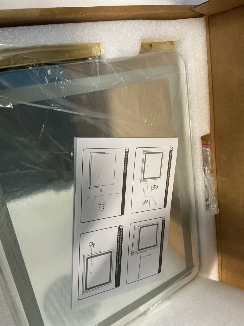 Condition photo showing New/Like New for rolove gold vanity mirror with lights 15" x 12", lighted makeup mirror with 10x magnification, 3 color lighting & dimmable brightness, make up mirror with lighting for bedroom tabletop gold 12"l x 15"w