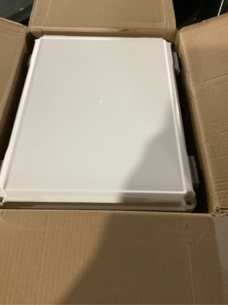 Condition photo showing Good Condition for outdoor electrical junction box, abs water resistant enclosure with internal mounting panel & hinged cover (16.5" h x 12.6" l x 6.1" w) 16.5"h x 12.6"l x 6.1"w