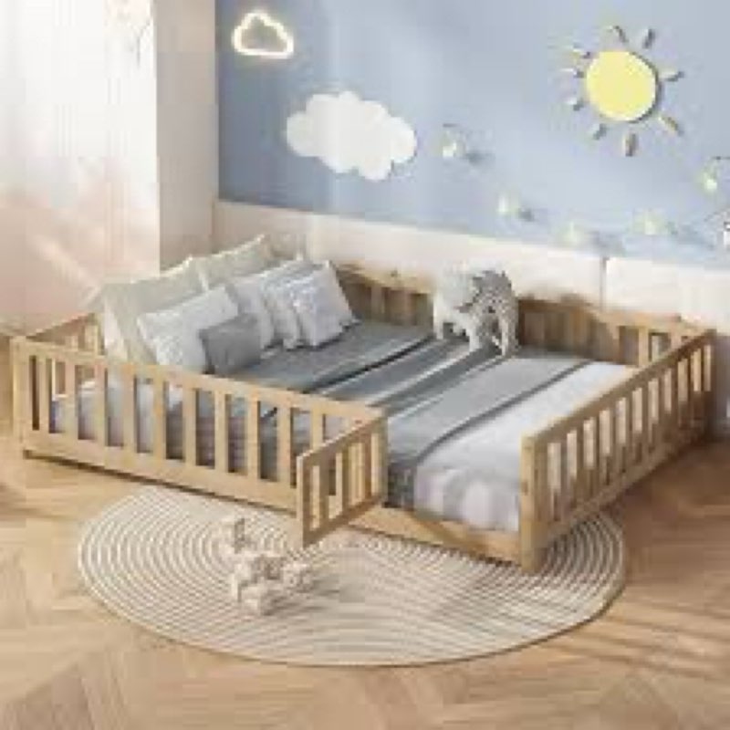 bellemave full size floor bed frame with slats and fence for kids,solid wood montessori floor bed wi