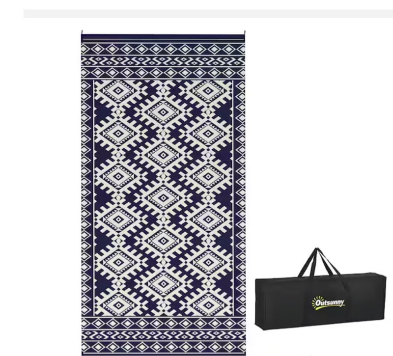 Blue and White Rhombus Border 9 ft. x 18 ft. Waterproof Plastic Straw Floor Mat Large Reversible Outdoor Rug Area Rug