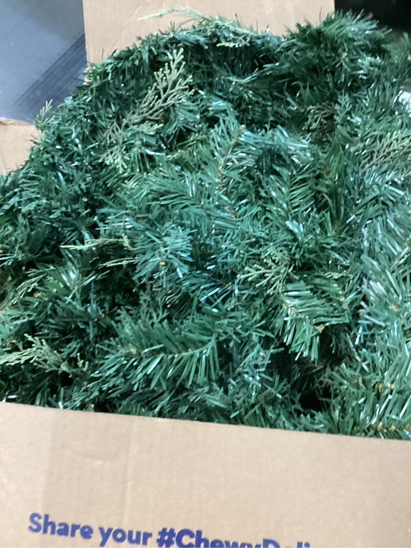 Condition photo showing As Is for Christmas Garland with Dual Color 50 LED Lights 9 Ft, Prelit Xmas Garland with Cypress Leaf, Timer by Remote Control and Batteries Operated for Mantle Staircase Indoor and Outdoor Battery Operated Polypropylene Green PVC PE 9FT