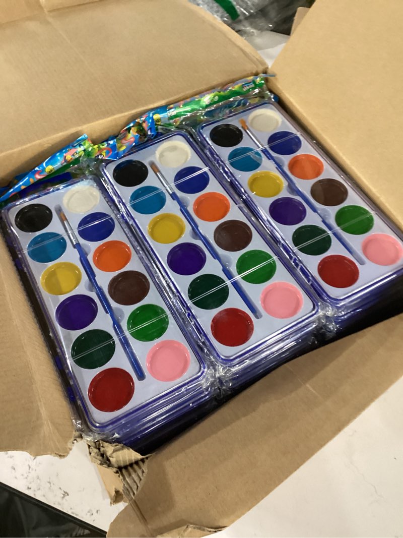 Condition photo showing Good Condition for 42 pack watercolor paint set for kids, 12 colors watercolors paints with paint brush, kids watercolor paint set for party favor, classroom,easter basket stuffers. 12 color 42pack