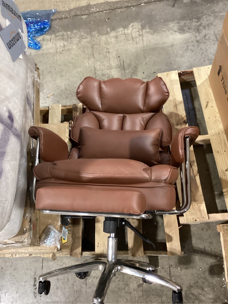 Condition photo showing Good Condition for Sweetcrispy Executive Home Office Desk Chair - Ergonomic Big Tall High Back with Footrest & Lumbar Support, Reclining Height Adjustable, Comfy PU Leather Computer Gaming with Swivel Wheels, Brown Brown Big Tall