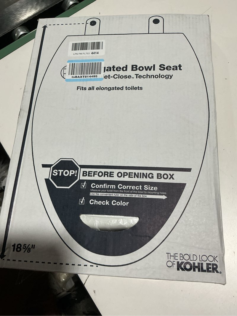 Condition photo showing New/Like New for kohler stonewood quiet-close elongated toilet seat, slow close design, durable wood, easy installation, universal fit, white finish, k-20466-0