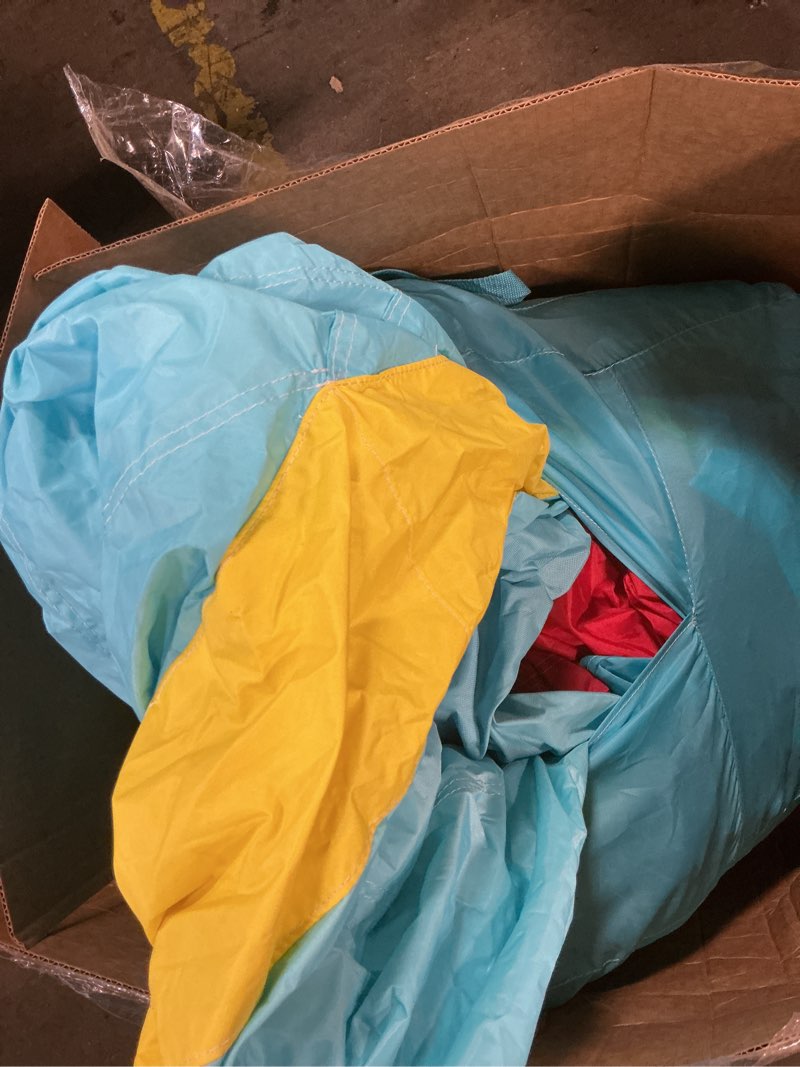 Condition photo showing As Is for inflatable bounce house with slide, jumping castle with blower, climbing wall, dartboard, basketball hoop and 50 ball pit balls, 108x122x86 inch