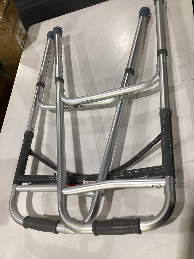 Condition photo showing As Is for drive medical two-button folding walker with wheels - lightweight rolling mobility support - adjustable height - dual push-button operation - 5 inch front wheels - durable aluminum - silver 2-button walker