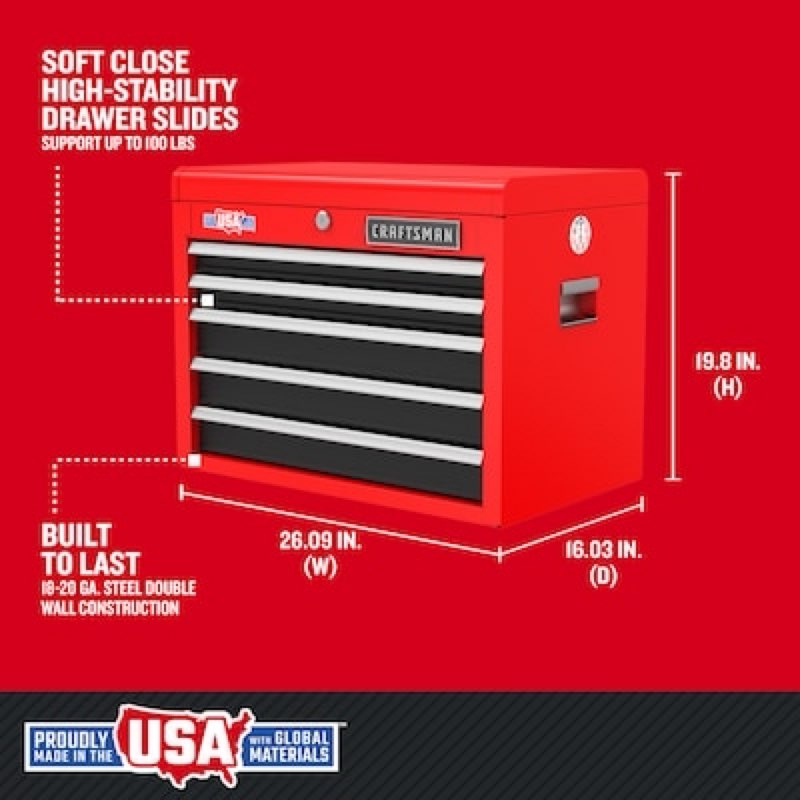 craftsman 2000 series 26.09-in w x 19.8-in h x 16.03-in d 5 -drawer steel tool chest ( red and