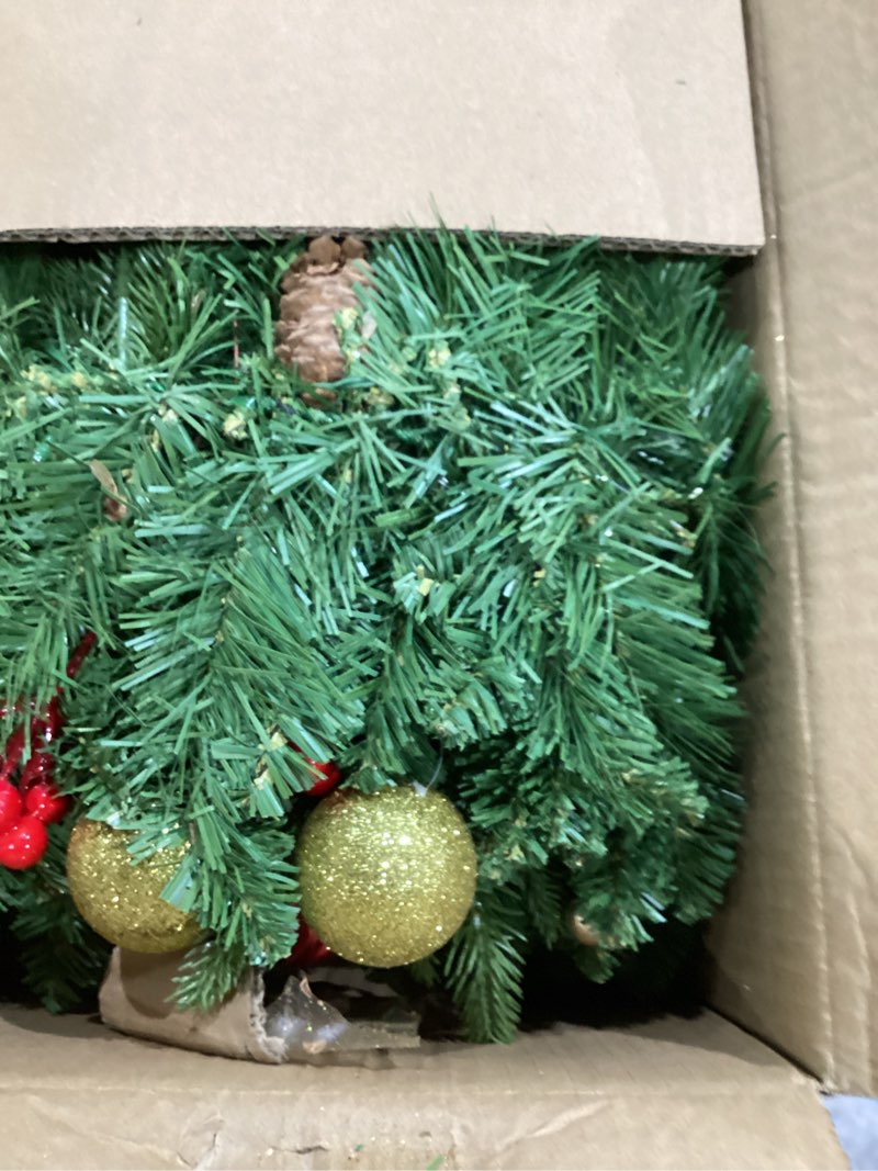 Condition photo showing As Is for Christmas Garland with Lights, 9FT Prelit Christmas Garland Battery Operated Christmas Wreath with Pine Cones, Red Berries, Artificial Xmas Garland for Mantle, Fireplace, Stairs, Outdoor Decorations Green