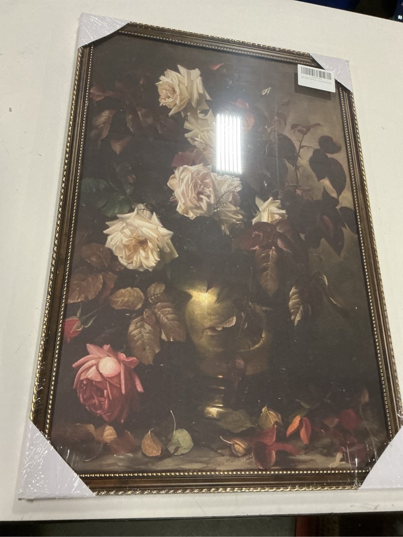 Condition photo showing New/Like New for ARTZIO Retro Framed Moody Floral Wall Art Canvas Print–Vintage Rose Oil Painting,Rustic Dark Academia Decor for Living Room,Office,Bedroom,Kitchen – Farmhouse Style Home Decor(16"x24") Vintage Vase Framed 16"L x 24"W