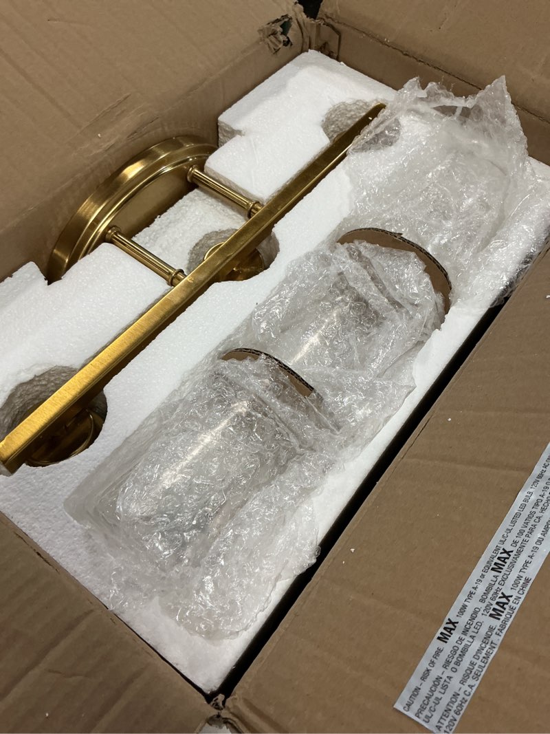 Condition photo showing Good Condition for Brushed Gold Bathroom Vanity Light Fixtures - 3 Light Over Mirror, Hammered Glass, Rustproof Wall Mount Brushed Gold 3-Lights