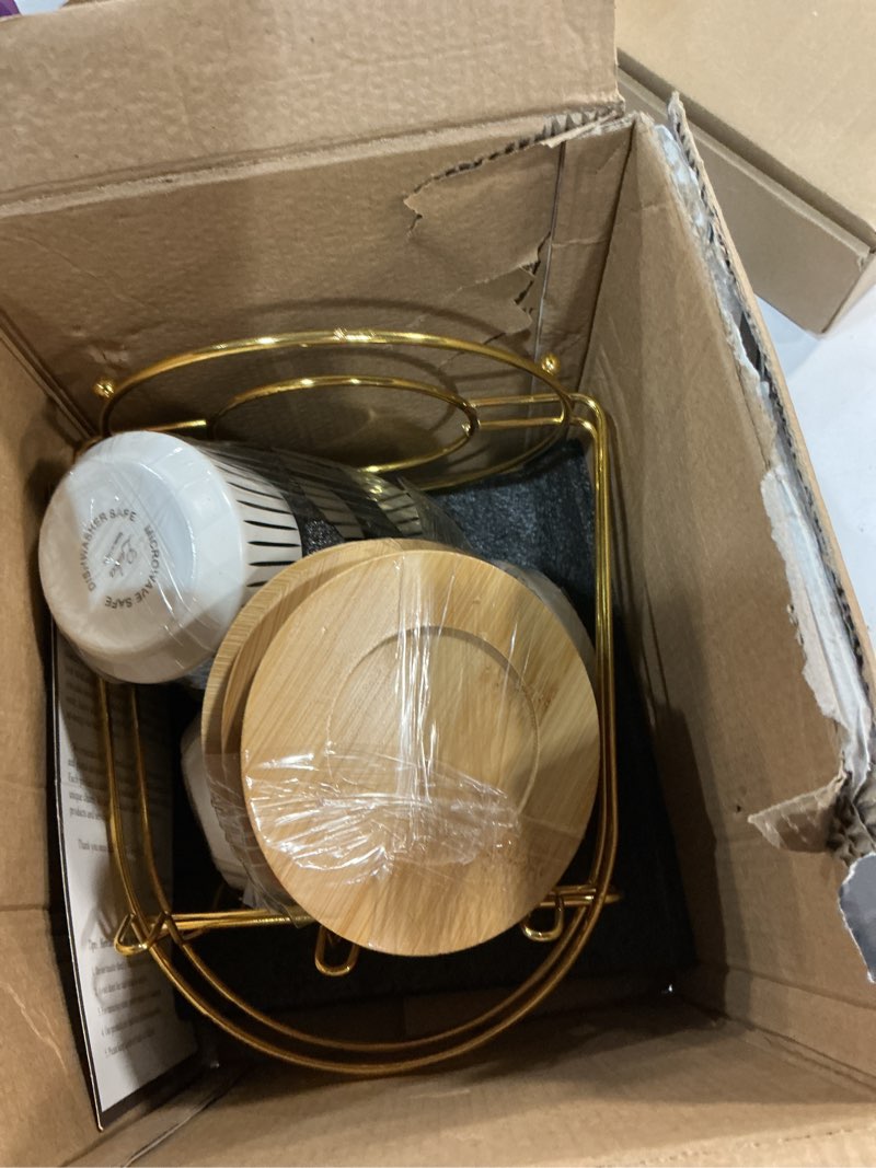 Condition photo showing Good Condition for luka ceramic coffee espresso cups with saucers set with metal holder, 4 oz porcelain demitasse cups for tea, espresso, latte, coffee, cafe mocha, set of 6, white 6-stripe white 4 oz
