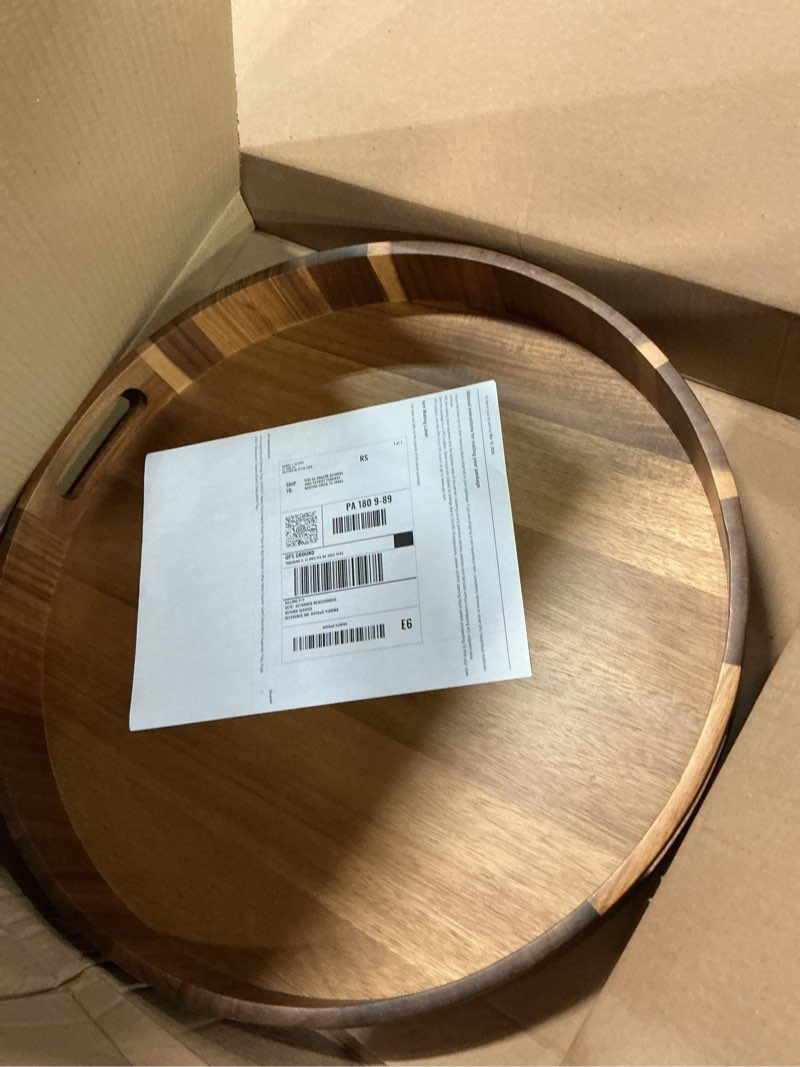 Condition photo showing New/Like New for Extra Large Round Serving Tray, 20INCH, Heavy Duty Acacia Wood Trays for Big Ottoman Coffee Table Counter Giant Decorative Organizer Tray, Huge Kitchen Serveware Cheese Board Charcuterie Tray 20" Round Tray - Acacia