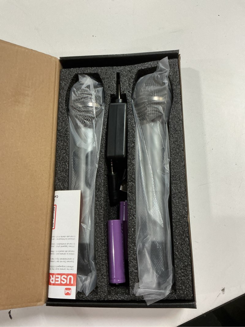 Condition photo showing New/Like New for wireless microphones for karaoke machine, 2 rechargeable metal dynamic microphones with receiver, 200ft stable wireless range, 40h battery life, plug and play for pa speaker, amplifier, church, party