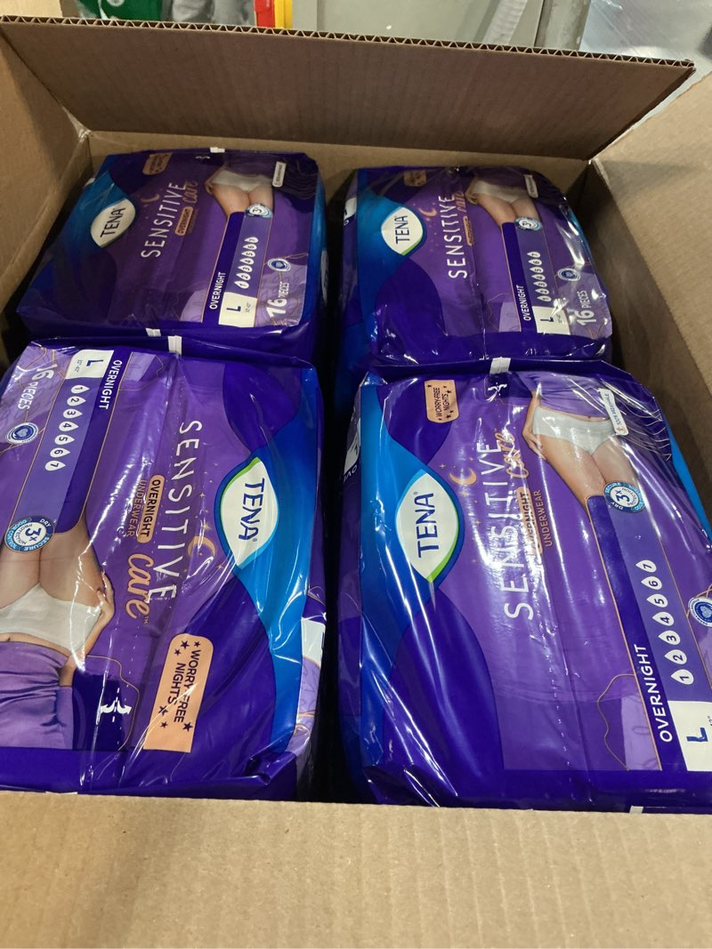 Condition photo showing New/Like New for tena sensitive care overnight incontinence underwear for women, bladder control, postpartum, l, 64 count (waist size 32in-42in)