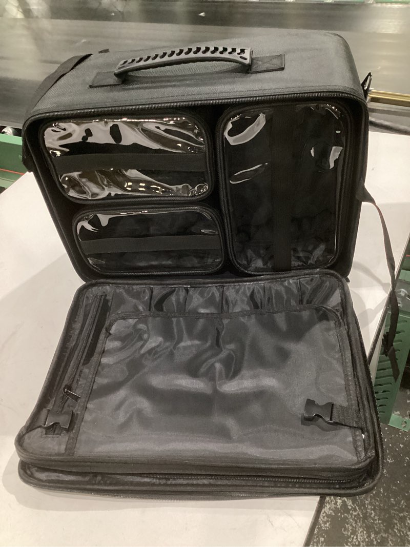 Condition photo showing Good Condition for costravio makeup bag organizer large makeup case backpack professional 2 layers cosmetic storage organizer brush slot with 3 clear set bags for makeup artists with shoulder strap adjustable dividers