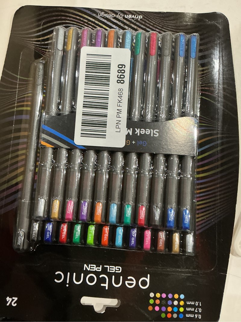 Condition photo showing Good Condition for pentonic gel pens, 24 count, mixed pack (12 assorted color pens, 12 glitter pens), medium & fine point, smooth writing for journaling (1002355)