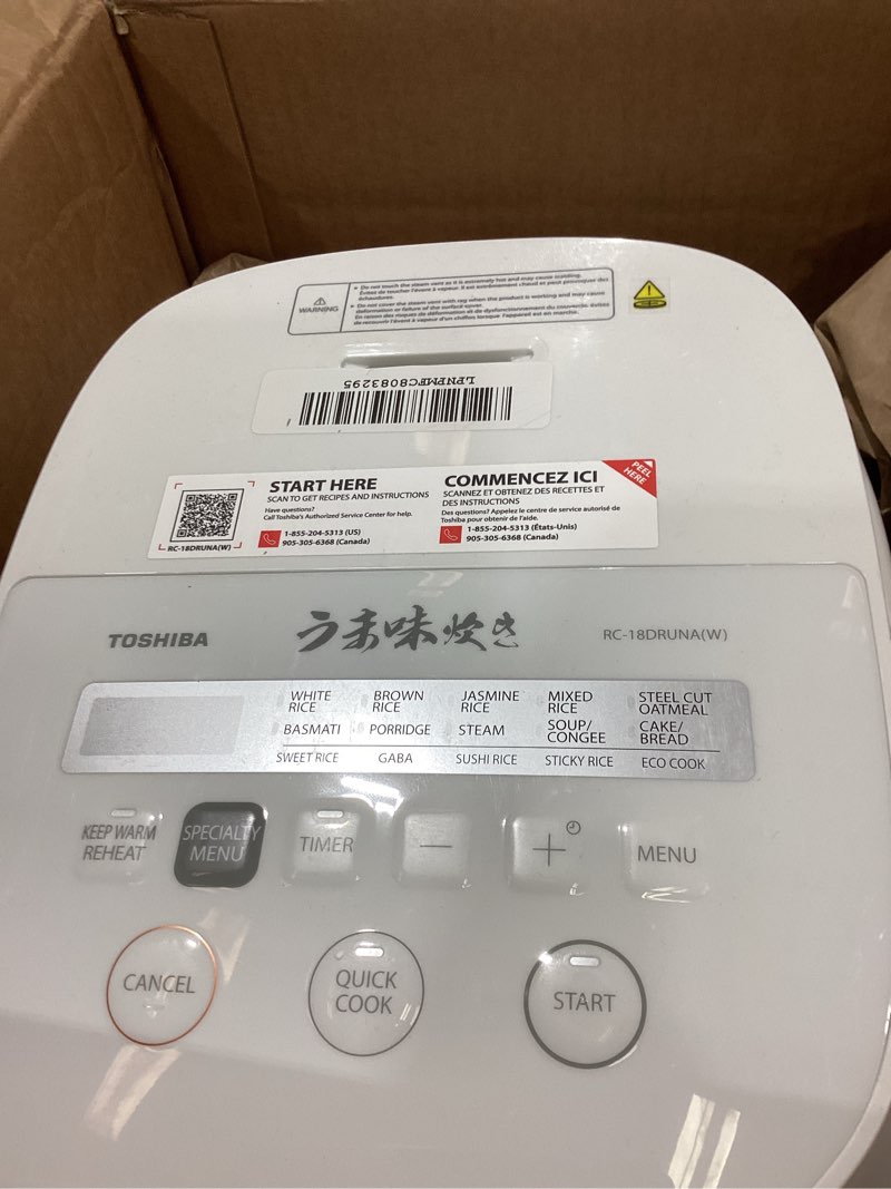 Condition photo showing As Is for TOSHIBA OriginTaste Rice Cooker 10-Cup Uncooked, Fuzzy Logic, 15-in-1 Functions, Digital Display, Delay Timer, Keep Warm, Nonstick Inner Pot, White OriginTaste 10 Cups Uncooked