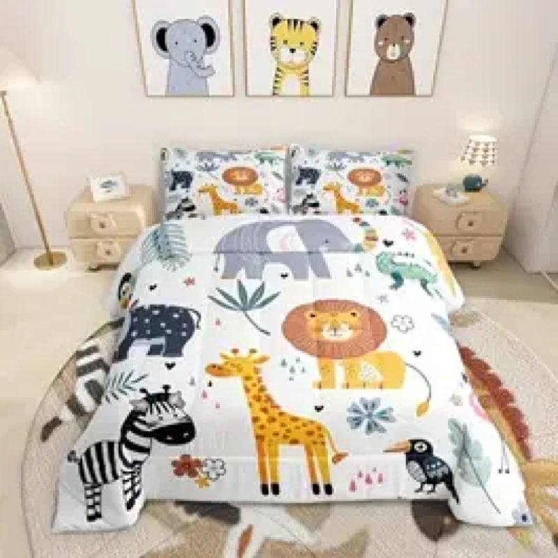Smell Sunshine Cute Wild Animals Comforter Set Elephant Giraffe Zebra Animals Printed Bedding Set wi