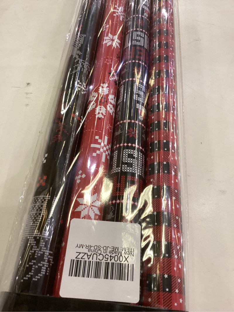 Condition photo showing Good Condition for Merture Red and Black Christmas Wrapping Paper Set, Pixel Gift Paper Jumbo Roll with Reindeer, Snowflake, Christmas Text, Santa Hat, Buffalo Plaid - 4 Rolls - 30 In x 10 Ft per Roll 30 inches x 120 inches Black and Red