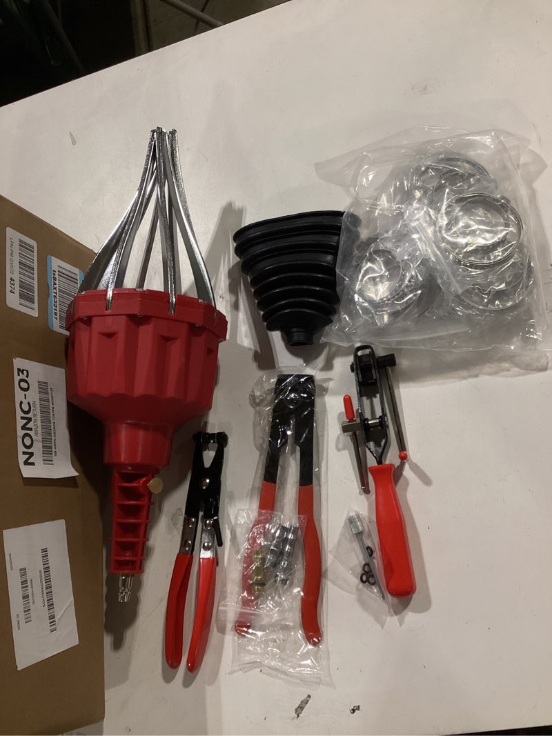 Condition photo showing Good Condition for dasbecan universal pneumatic cv boot expander tool, cv axle boot installation tool, cv joint boot spreader removal tool kit compatible with bmw utv atv (red) red basic kit (no pliers, 1 boot + 2 clamps)