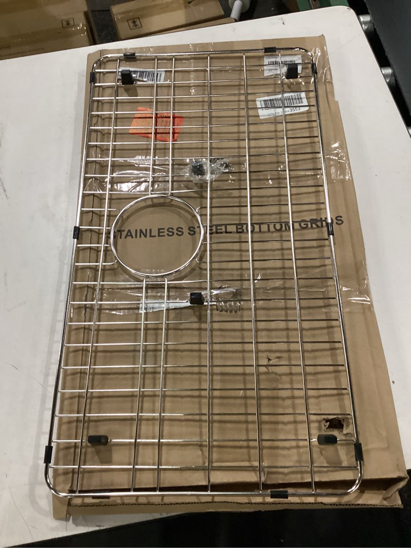 Condition photo showing New/Like New for kitchen sink grid and sink protectors, stainless steel sink grids for bottom of kitchen sinks, 26" x 14" with rear drain for single bowl sinks 26" x 14 1/16"