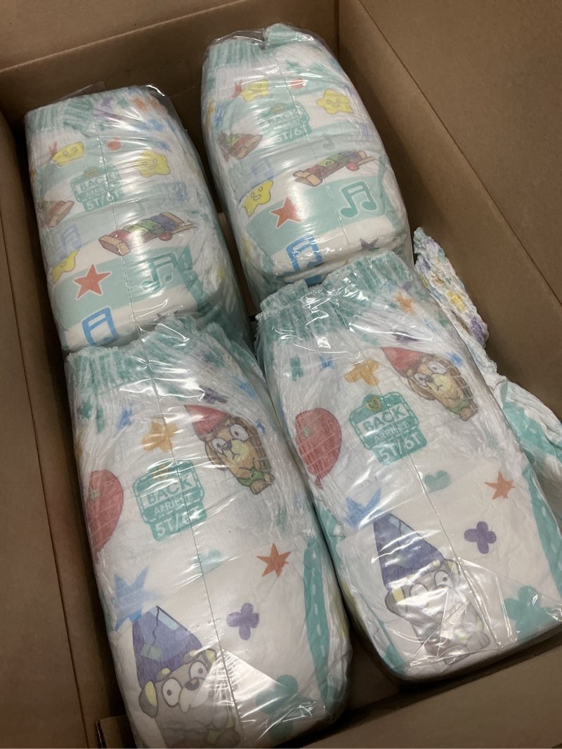 Condition photo showing As Is for pampers training pants - easy ups boys & girls bluey - size 5t-6t, 84 count, children's potty underwear (packaging may vary) 5t-6t 84